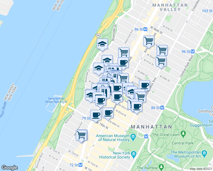 map of restaurants, bars, coffee shops, grocery stores, and more near in New York