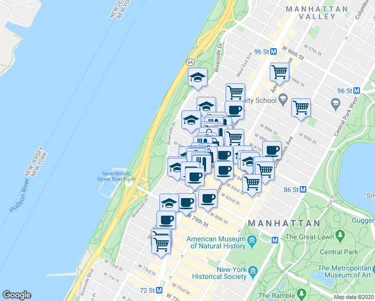 map of restaurants, bars, coffee shops, grocery stores, and more near 330 Edgar Allen Poe Street in New York