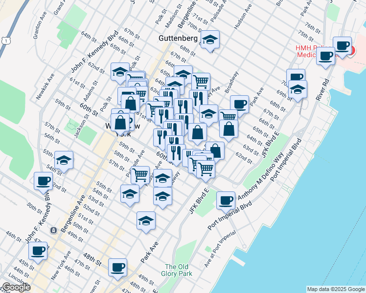 map of restaurants, bars, coffee shops, grocery stores, and more near 6030 Hudson Avenue in West New York
