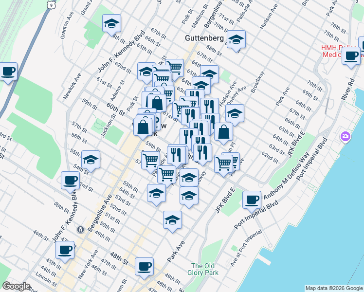 map of restaurants, bars, coffee shops, grocery stores, and more near 6015 Monroe Place in West New York