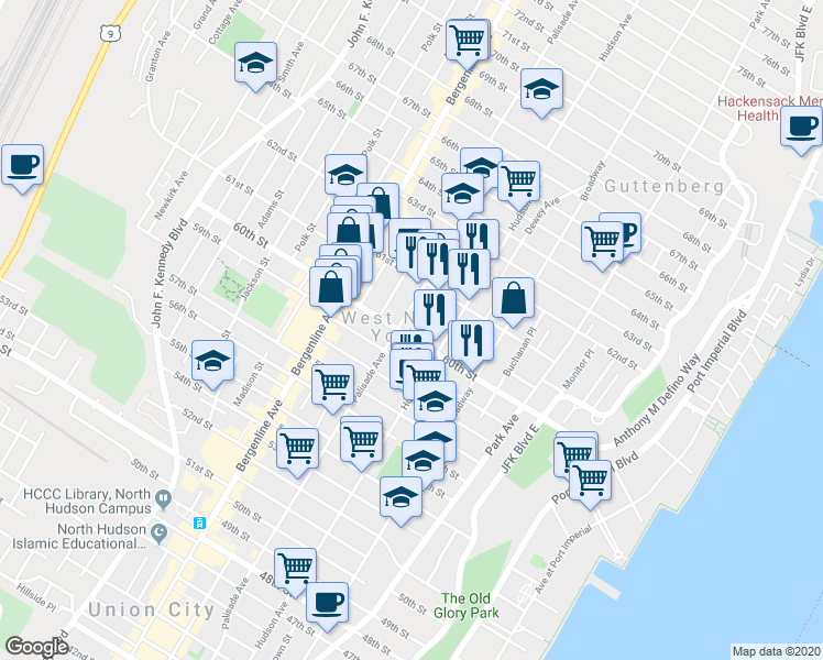 map of restaurants, bars, coffee shops, grocery stores, and more near 6015 Monroe Place in West New York