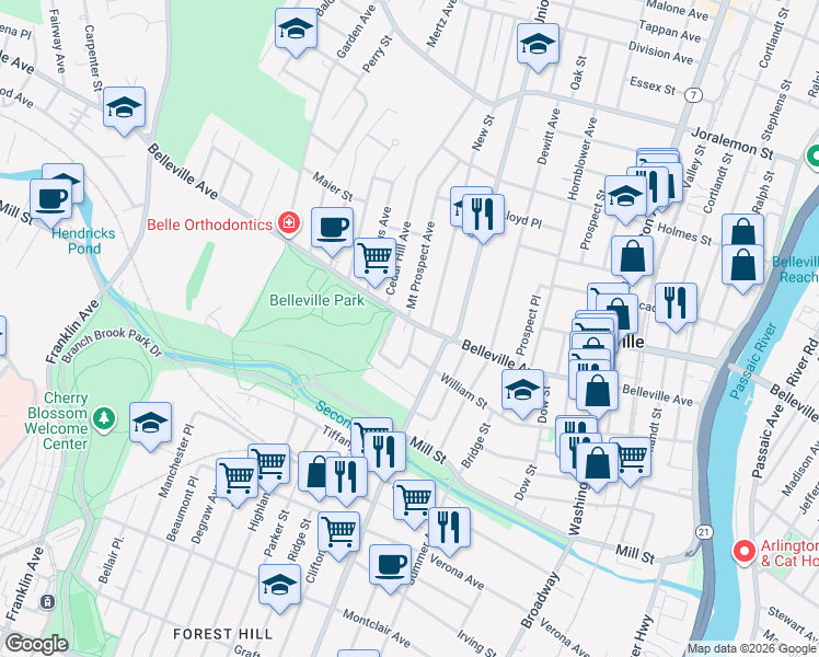 map of restaurants, bars, coffee shops, grocery stores, and more near 232 Belleville Avenue in Belleville