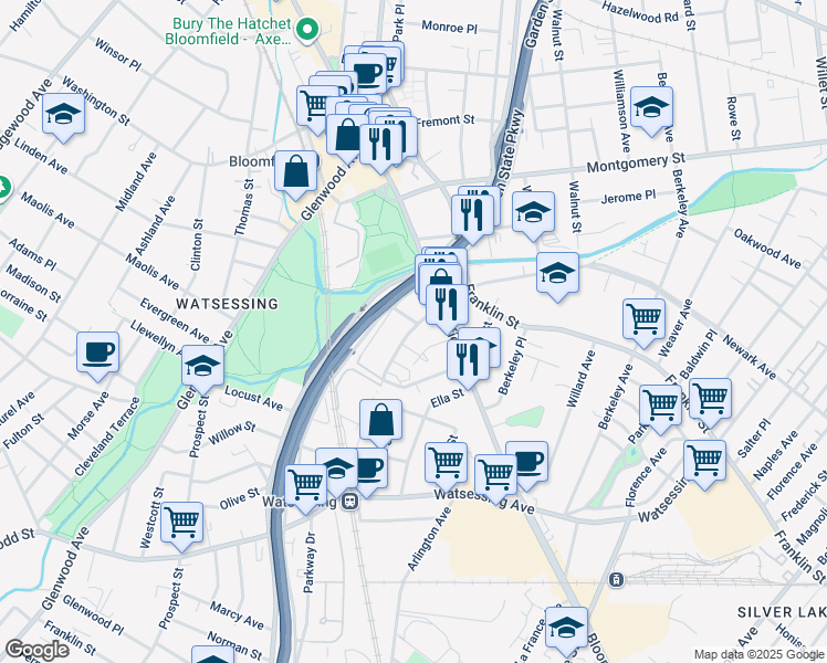 map of restaurants, bars, coffee shops, grocery stores, and more near 150 Orange Street in Bloomfield
