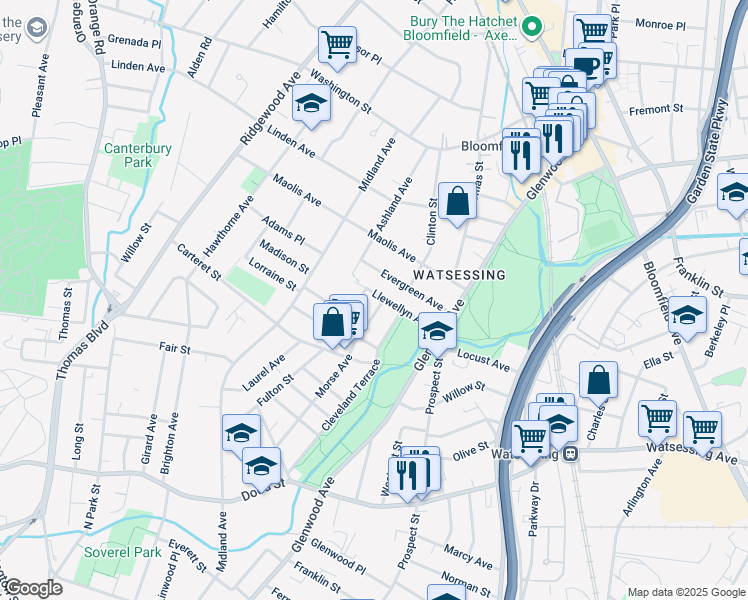 map of restaurants, bars, coffee shops, grocery stores, and more near 57 Llewellyn Avenue in Bloomfield