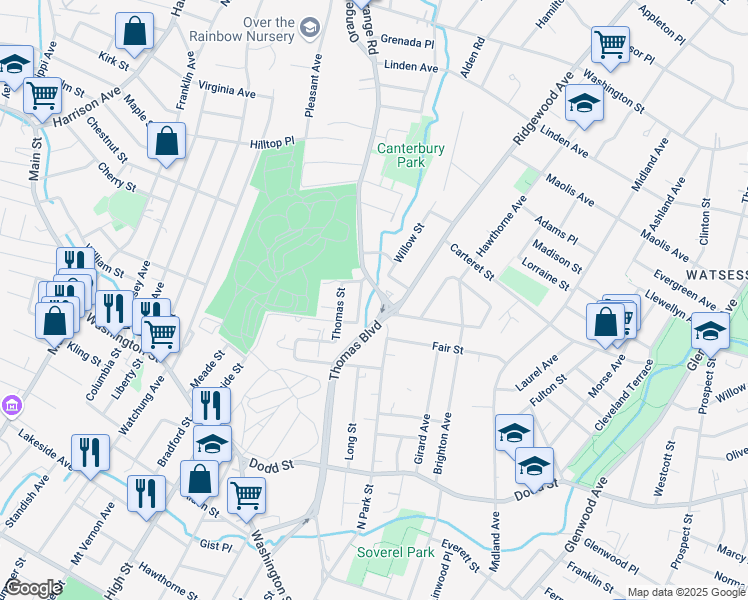 map of restaurants, bars, coffee shops, grocery stores, and more near 633 Thomas Boulevard in East Orange