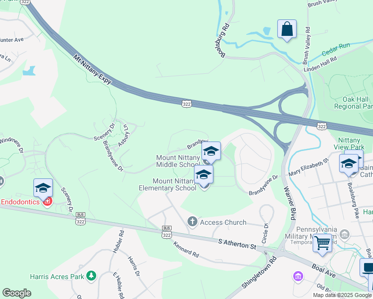 map of restaurants, bars, coffee shops, grocery stores, and more near 439 Brandywine Drive in State College