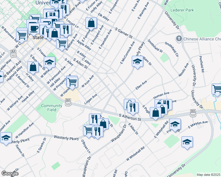 map of restaurants, bars, coffee shops, grocery stores, and more near 1012 Old Boalsburg Road in State College