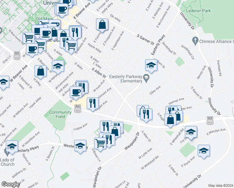 map of restaurants, bars, coffee shops, grocery stores, and more near 916 South Allen Street in State College