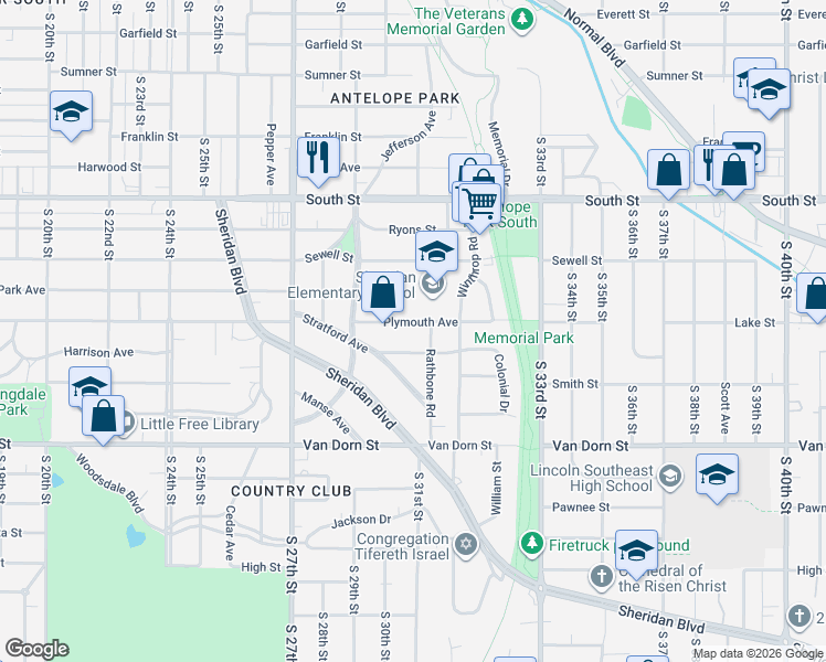 map of restaurants, bars, coffee shops, grocery stores, and more near 3027 Plymouth Avenue in Lincoln