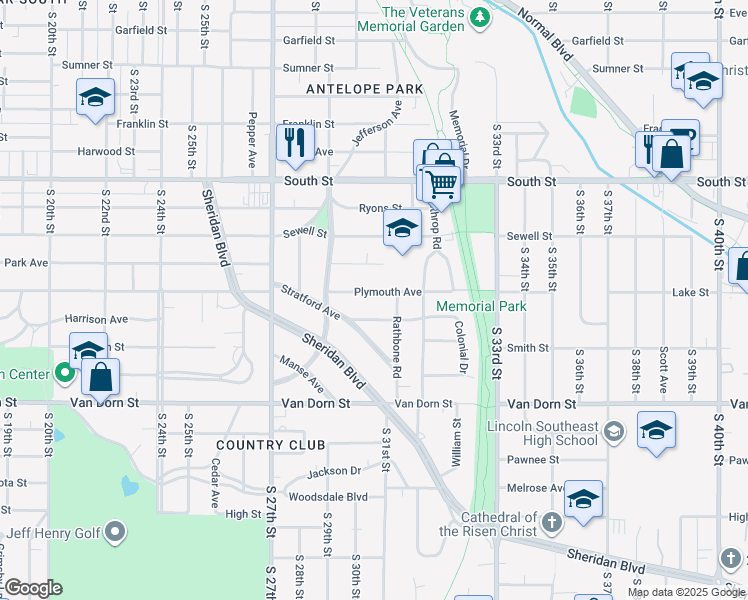 map of restaurants, bars, coffee shops, grocery stores, and more near 3027 Plymouth Avenue in Lincoln