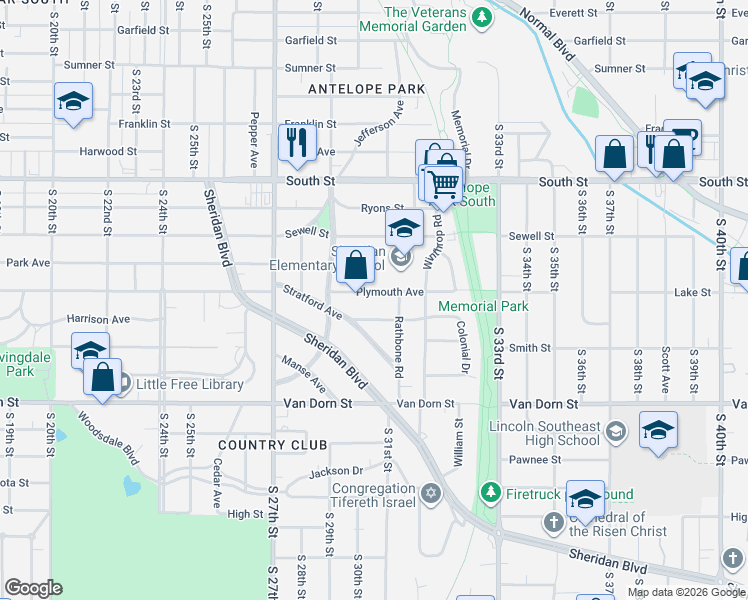 map of restaurants, bars, coffee shops, grocery stores, and more near 3027 Plymouth Avenue in Lincoln