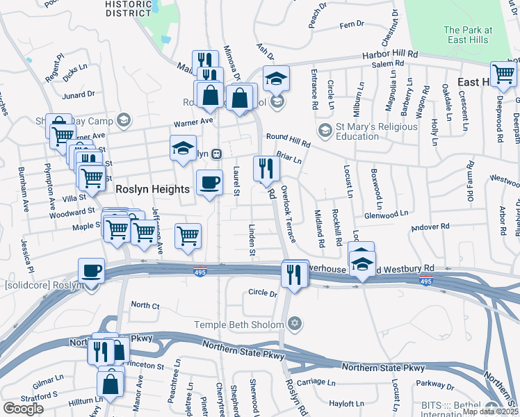 map of restaurants, bars, coffee shops, grocery stores, and more near 22 Donald Street in Roslyn Heights