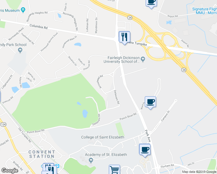 map of restaurants, bars, coffee shops, grocery stores, and more near 7 Delaware Road in Morristown