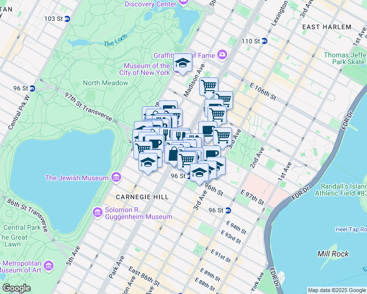 map of restaurants, bars, coffee shops, grocery stores, and more near 1275 Park Avenue in New York