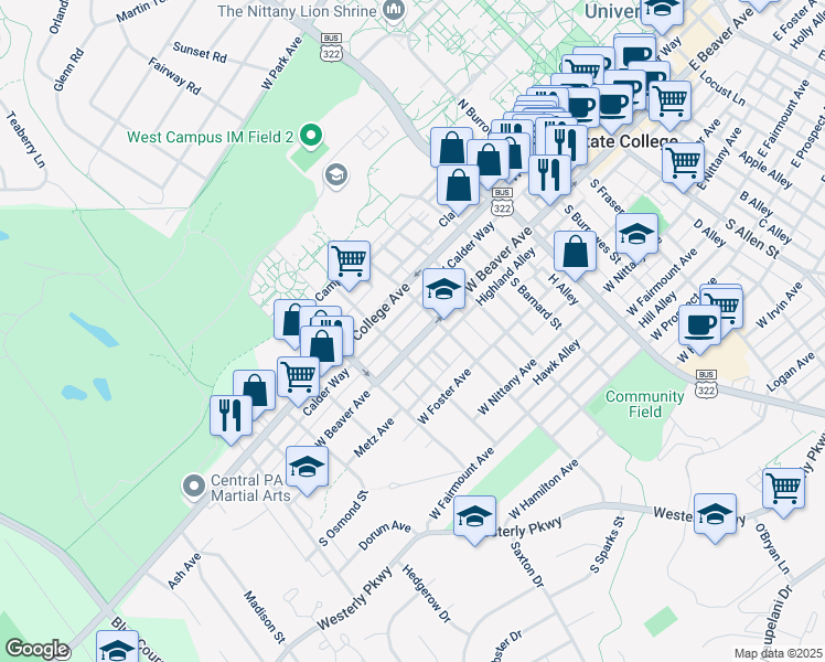 map of restaurants, bars, coffee shops, grocery stores, and more near in State College