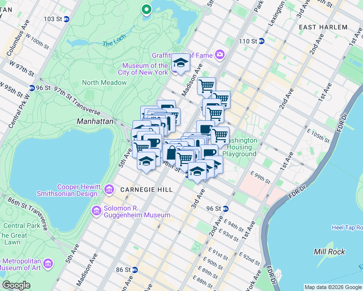 map of restaurants, bars, coffee shops, grocery stores, and more near East 98th Street in New York