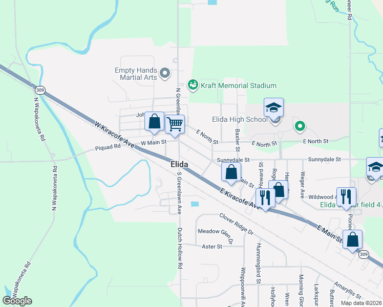 map of restaurants, bars, coffee shops, grocery stores, and more near 110 E Main St in Elida