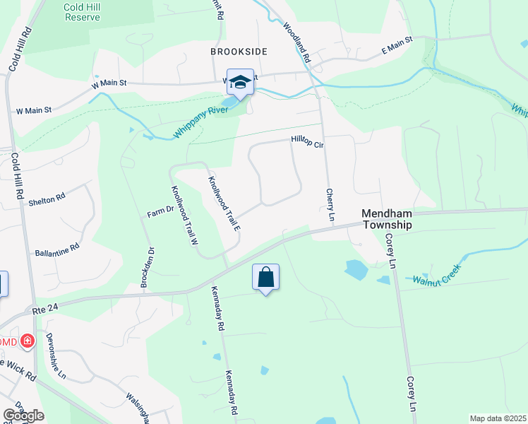 map of restaurants, bars, coffee shops, grocery stores, and more near 27 Hilltop Circle in Mendham