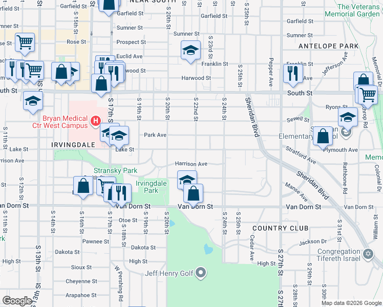 map of restaurants, bars, coffee shops, grocery stores, and more near 2135 Lake Street in Lincoln
