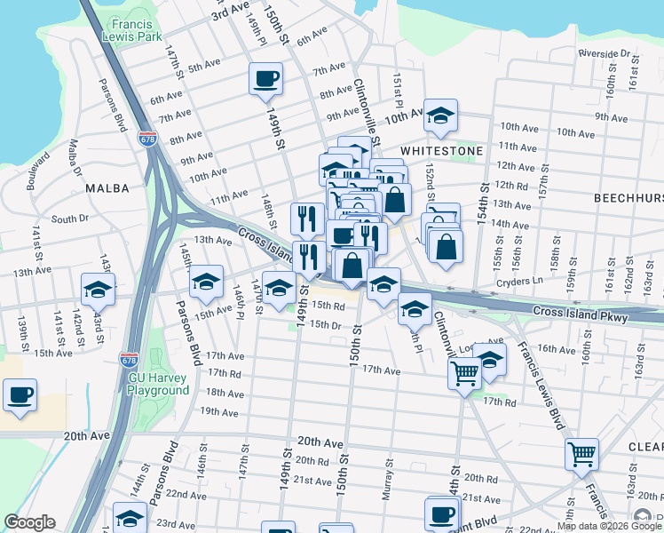 map of restaurants, bars, coffee shops, grocery stores, and more near 149-39 Cross Island Parkway in Queens