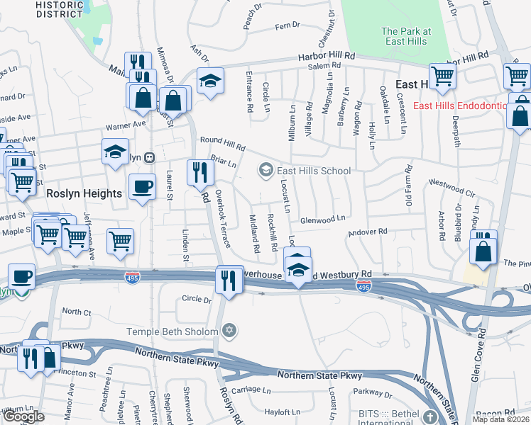 map of restaurants, bars, coffee shops, grocery stores, and more near 3 Rockhill Road in Roslyn Heights