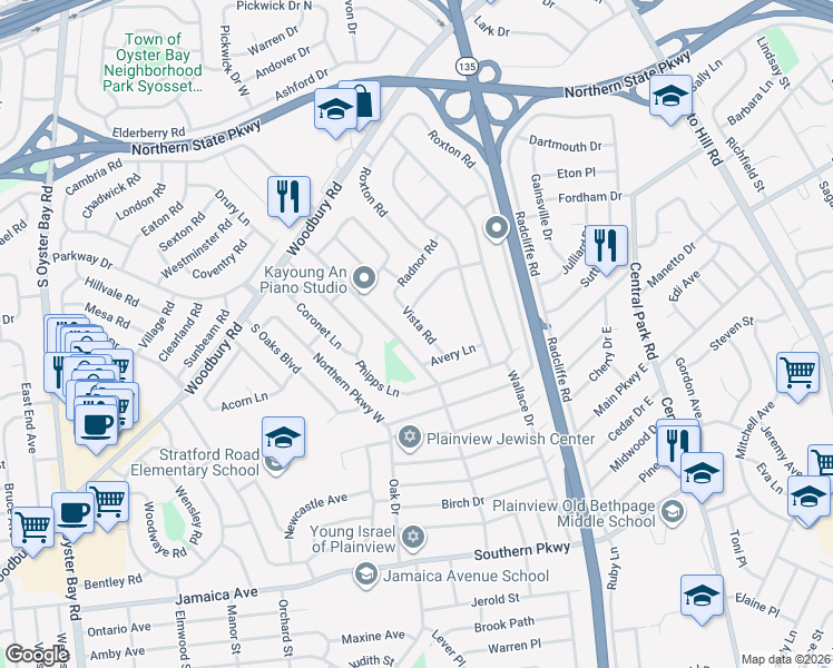 map of restaurants, bars, coffee shops, grocery stores, and more near 13 Vista Road in Plainview