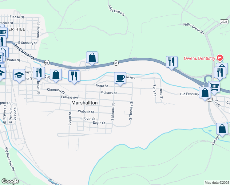 map of restaurants, bars, coffee shops, grocery stores, and more near 1701-1799 Mohawk St in Township of Coal