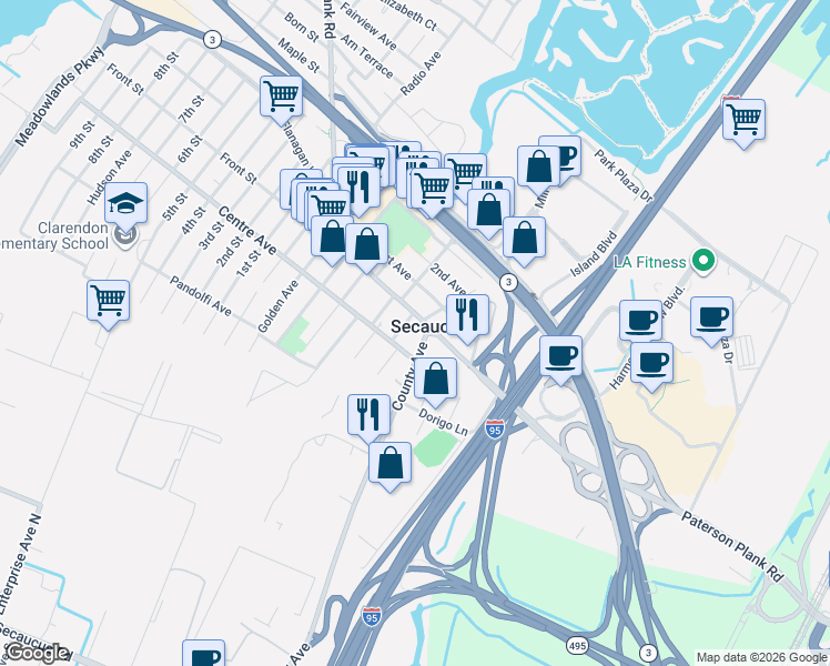 map of restaurants, bars, coffee shops, grocery stores, and more near in Secaucus