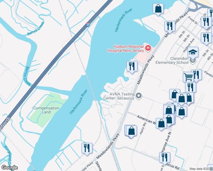 map of restaurants, bars, coffee shops, grocery stores, and more near 191 Sandcastle Key in Secaucus