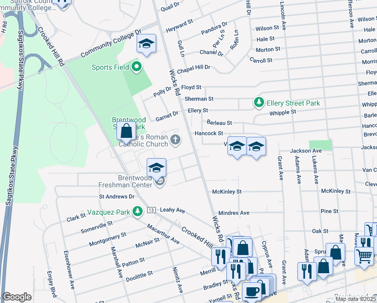 map of restaurants, bars, coffee shops, grocery stores, and more near 77 Walter Street in Brentwood