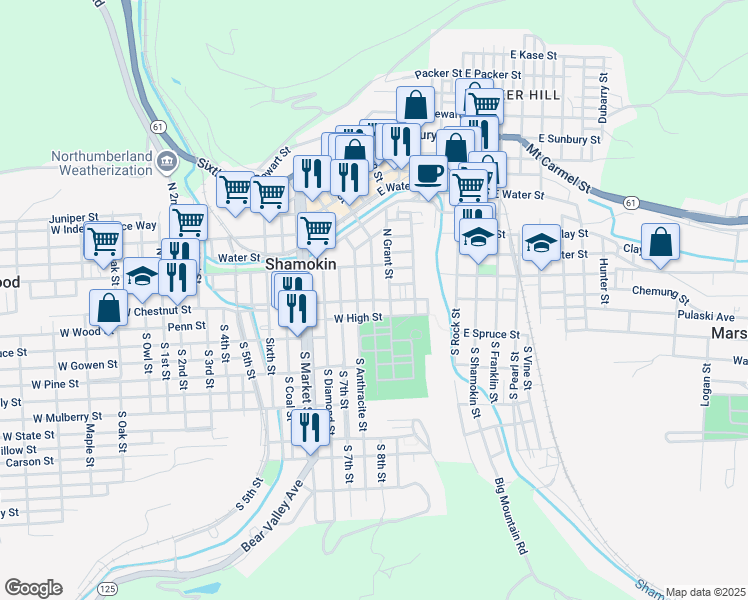 map of restaurants, bars, coffee shops, grocery stores, and more near 5 East Chestnut Street in Shamokin