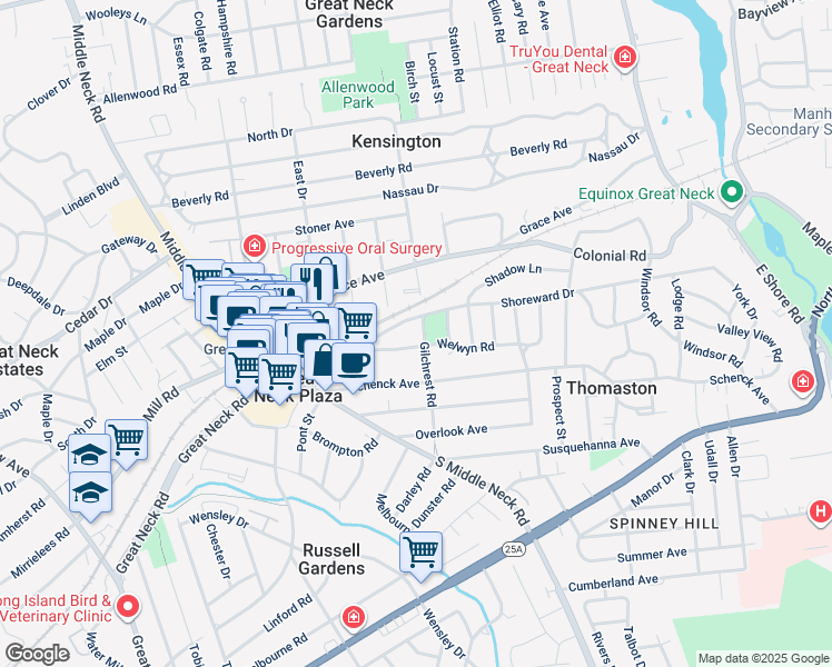 map of restaurants, bars, coffee shops, grocery stores, and more near 13 Welwyn Road in Great Neck