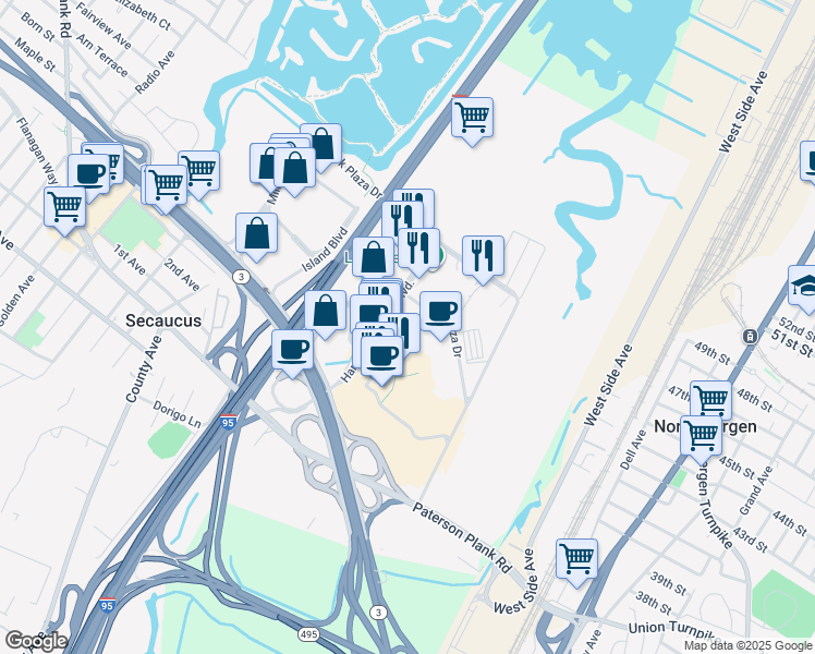 map of restaurants, bars, coffee shops, grocery stores, and more near 500 Plaza Drive in Secaucus