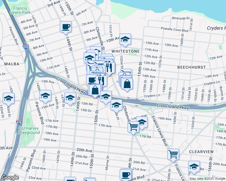 map of restaurants, bars, coffee shops, grocery stores, and more near 150-39 14th Road in Queens