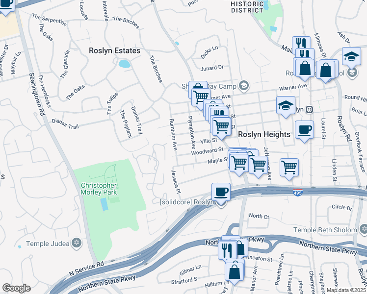 map of restaurants, bars, coffee shops, grocery stores, and more near 18 Villa Street in Roslyn Heights