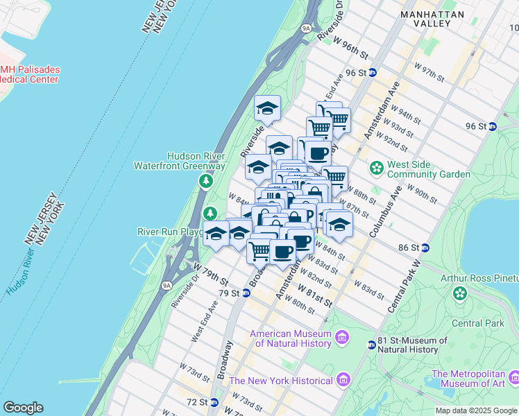 map of restaurants, bars, coffee shops, grocery stores, and more near 505 West End Avenue in New York