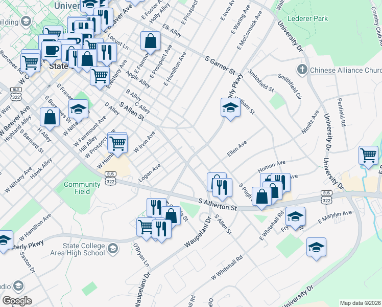 map of restaurants, bars, coffee shops, grocery stores, and more near 1012 Old Boalsburg Road in State College