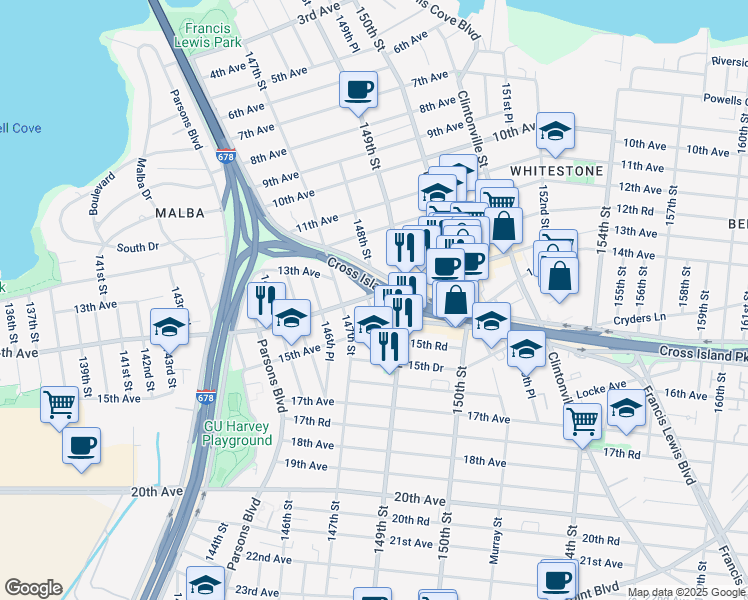 map of restaurants, bars, coffee shops, grocery stores, and more near 148-02 14th Avenue in Queens