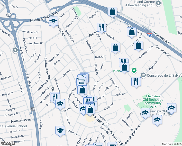 map of restaurants, bars, coffee shops, grocery stores, and more near 6 Robin Ln in Plainview