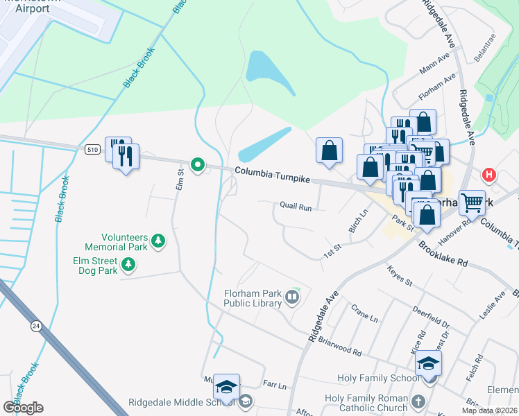 map of restaurants, bars, coffee shops, grocery stores, and more near 19 Quail Run in Florham Park