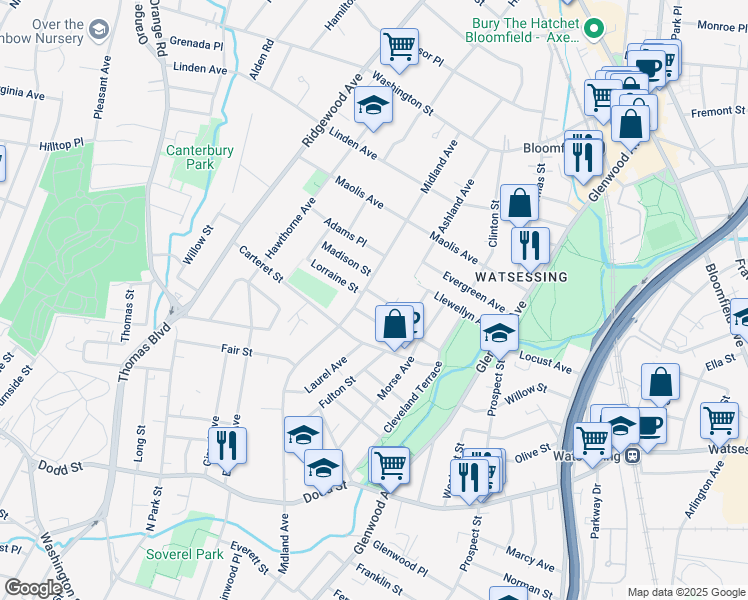 map of restaurants, bars, coffee shops, grocery stores, and more near 22 Coolidge Avenue in Glen Ridge