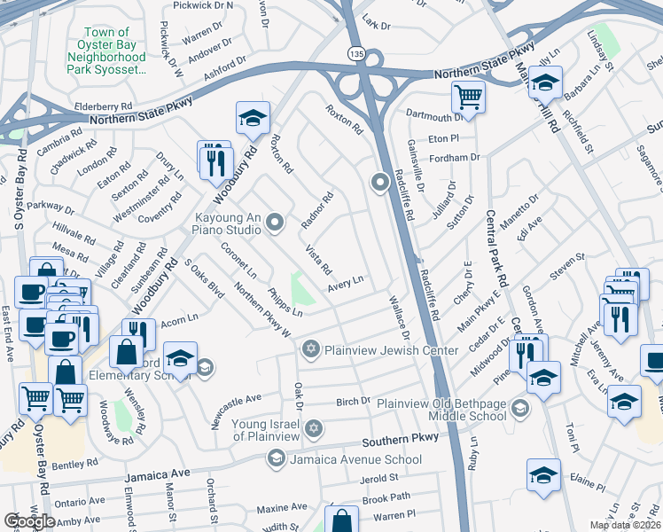 map of restaurants, bars, coffee shops, grocery stores, and more near 26 Vista Road in Plainview