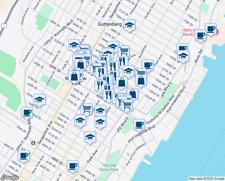 map of restaurants, bars, coffee shops, grocery stores, and more near 6032 Hudson Avenue in West New York
