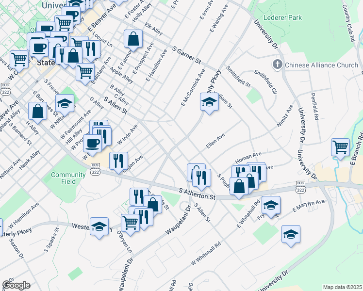 map of restaurants, bars, coffee shops, grocery stores, and more near 208 Easterly Parkway in State College