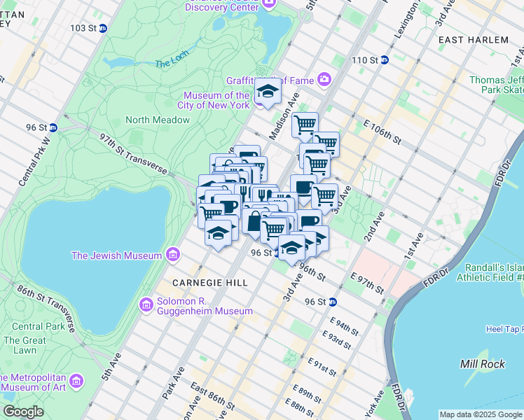 map of restaurants, bars, coffee shops, grocery stores, and more near 98 East 98th Street in New York