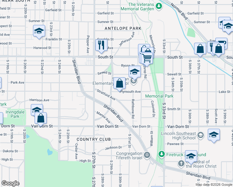 map of restaurants, bars, coffee shops, grocery stores, and more near 2927 Plymouth Avenue in Lincoln