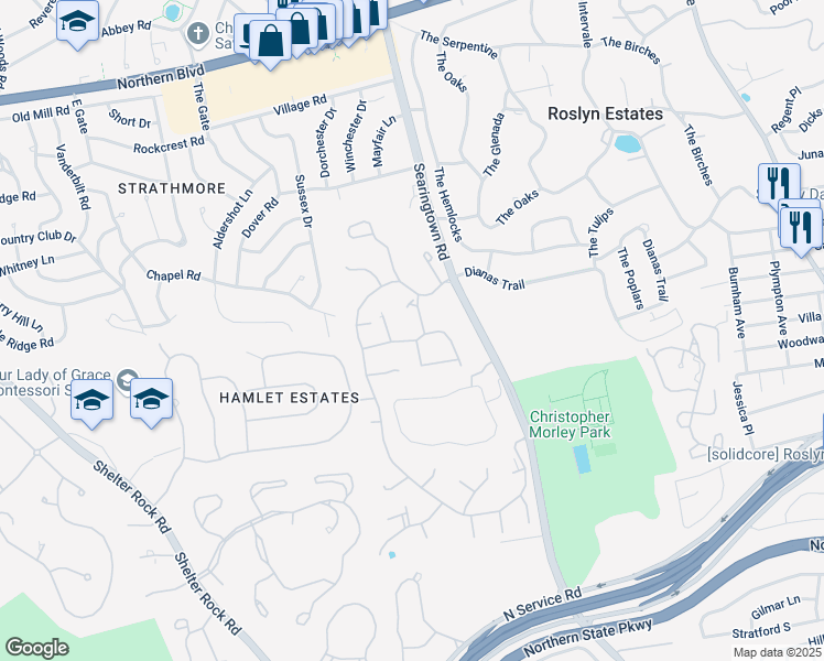map of restaurants, bars, coffee shops, grocery stores, and more near 89 Duck Pond Drive in North Hills
