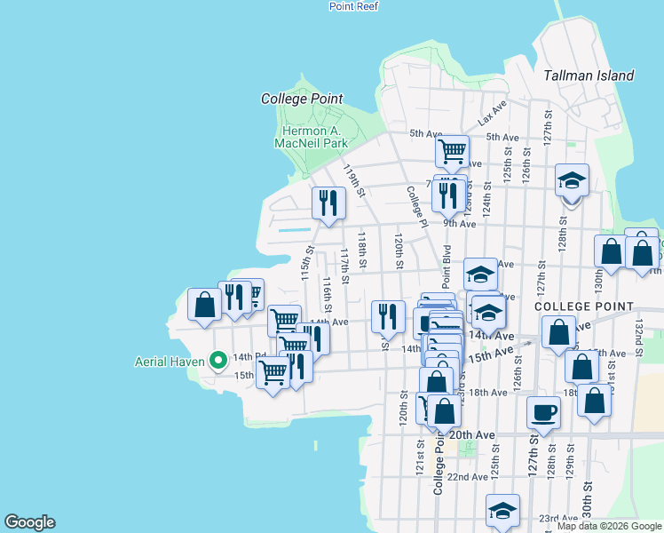 map of restaurants, bars, coffee shops, grocery stores, and more near 10-30 117th Street in Queens