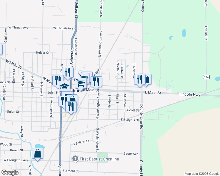 map of restaurants, bars, coffee shops, grocery stores, and more near 439 East Main Street in Crestline