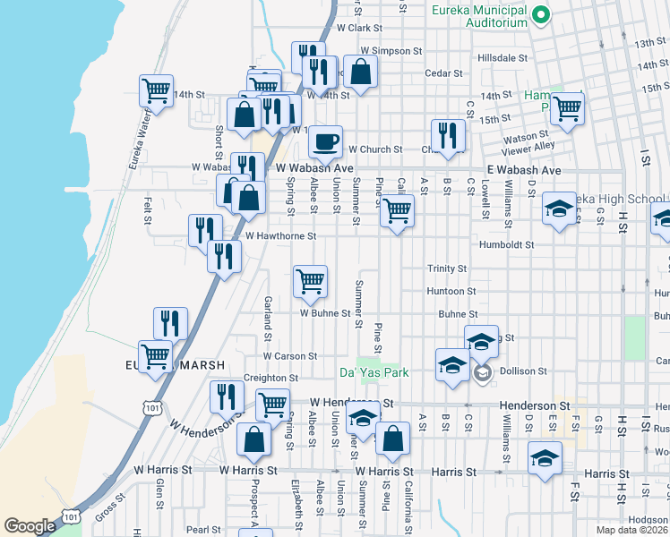 map of restaurants, bars, coffee shops, grocery stores, and more near 2162 Union Street in Eureka